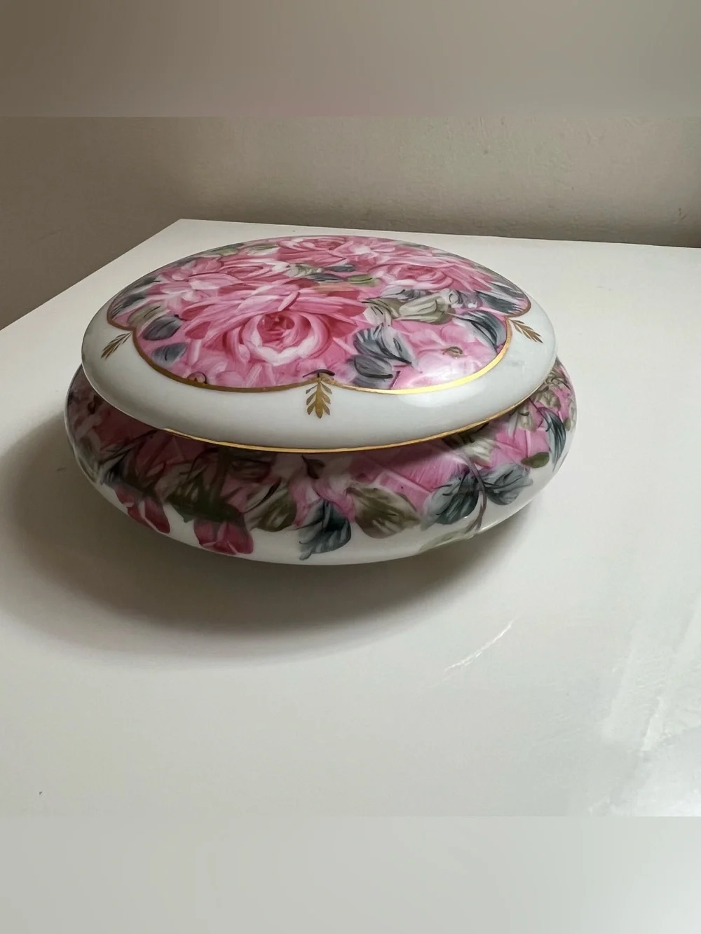 Formalities by Baum Bros Hand Painted Floral Porcelain Trinket Box Gold Trim